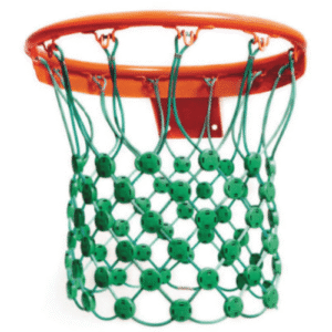 Filet de basket anti-vandalisme de couleur verte installé sur un cercle de basket orange