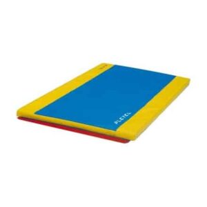 Tapis PLEYEL bicolore solidaire bleu et jaune avec bandes velcro — mousse polyéthylène 35kg/m3, housse PVC 650g, non-feu M2"