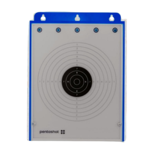 Vue de face d'une cible Hit & Miss pour pistolet laser de couleur bleue