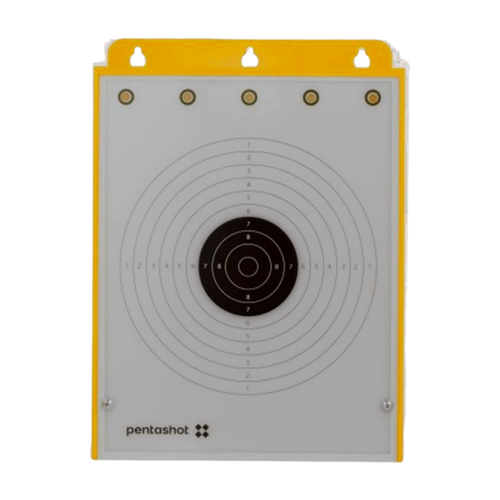 Vue de face d'une cible Hit & Miss pour pistolet laser jaune