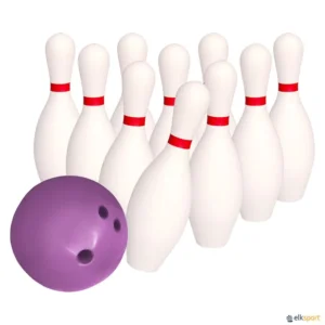 8 quilles blanches et une boule violette de bowling
