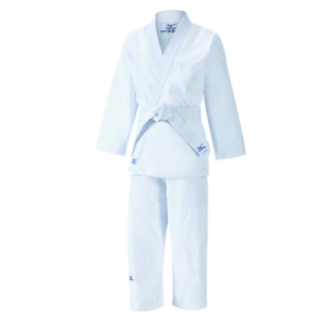 Kimono de judo Shiro Mizuno de couleur blanche avec des logos Mizuno de couleur bleue