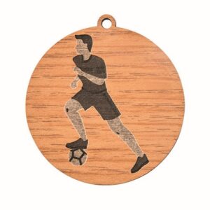 Médaille en bois de 50mm de diamètre représentant un joueur de football