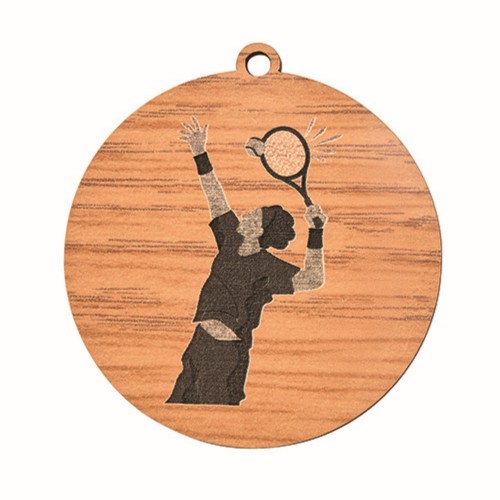 Médaille en bois de 50mm de diamètre représentant un joueur de tennis