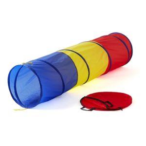 Tunnel de motricité coloré pliable – bleu, jaune et rouge – longueur 1,80 m – pour activités motrices en école maternelle, centre de loisirs ou club sportif enfant – avec sac de rangement.