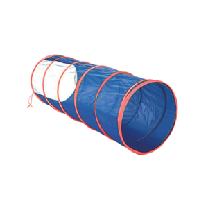 Tunnel de motricité pliable en toile bleu et rouge – longueur 1,80 m – matériel éducatif pour parcours de motricité en école maternelle, primaire ou club sportif enfant.