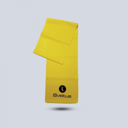 Bande latex de 120 cm, de couleur jaune (Light) conçue pour le Pilates, le renforcement musculaire, la rééducation et le stretching
